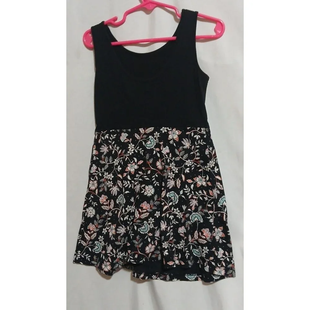 Old Navy Sleeveless Tank Dress Black & Floral Cotton Girls Size XS (5)